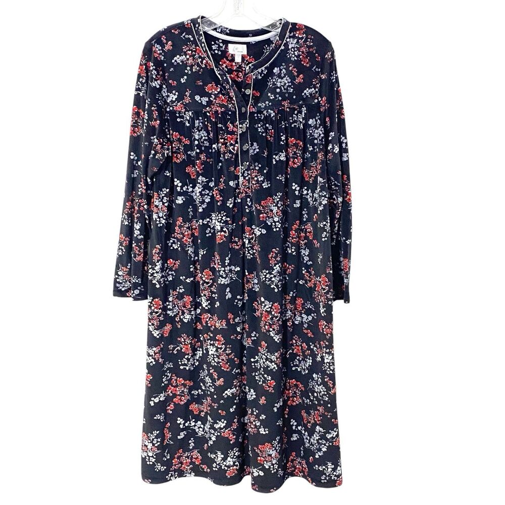 new ARIA Black L Floral Velvety Fleece Gown Nightgown gathered Yoke Pullover